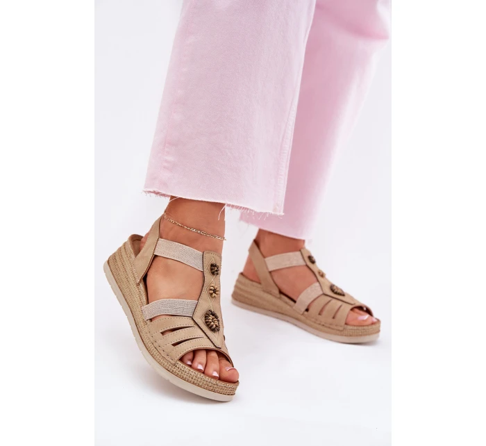 Sandały Damskie Na Koturnie Z Ozdobami Inblu RV000015 Beżowe