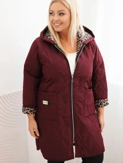 Dámska zimná prešívaná bunda s leopardou podšívkou a kapucňou v bordovej farbe