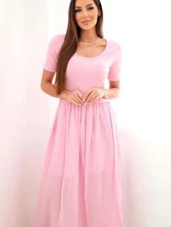 Dámské bavlněné midi šaty s krátkým rukávem a rozšířeným spodkem světle růžová