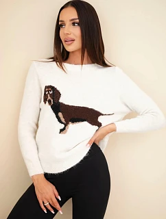 Dámský svetr s motivem model 22354203 a kulatým výstřihem béžový světlý - K-Fashion