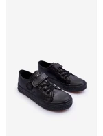 Skórzane Dziecięce Trampki Na Rzep Czarne Delmara