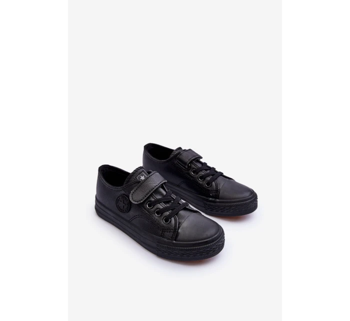 Skórzane Dziecięce Trampki Na Rzep Czarne Delmara