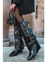 Dámské kozačky na platformě s ohnutým horním lemem a stříbrnými přezkami Černé Sarisse