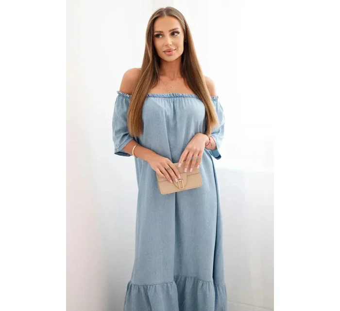 Dámské šaty s krátkým rukávem a volánky světlý denim