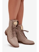 Skórzane Botki Damskie Na Płaskim Obcasie Ze Złotym Detalem Zazoo 3084 Beżowe