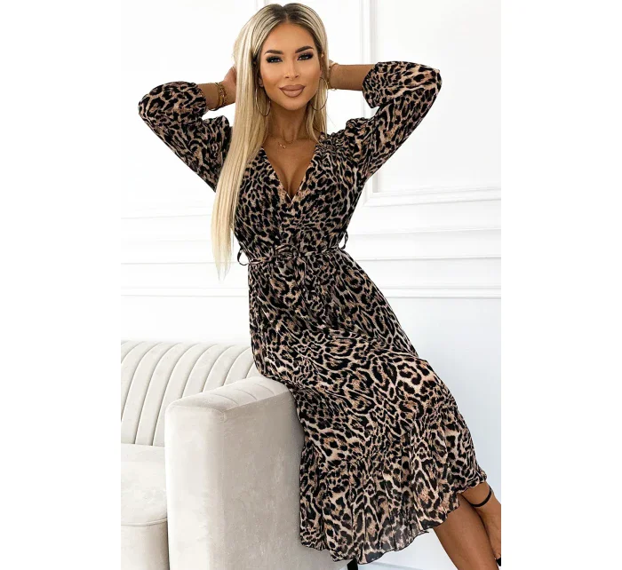 WILD  dámské šifonové šaty s výstřihem, páskem a s panteřím vzorem model 21935865 - numoco basic