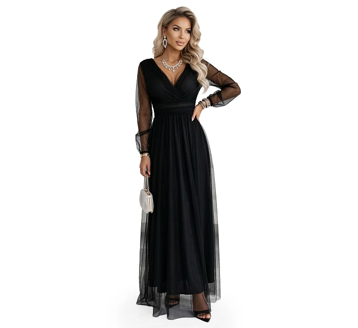 Dlouhé maxi šaty s rukávy a obálkovým výstřihem černé model 22045481 - numoco basic Dlouhé maxi šaty s rukávy a obálkovým výstřihem černé model 22045481 - numoco basic