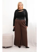 Dámské kalhoty Plus Size s širokou nohavicí a páskem hnědé