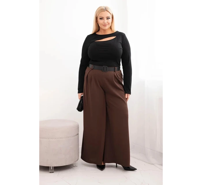Dámské kalhoty Plus Size s širokou nohavicí a páskem hnědé