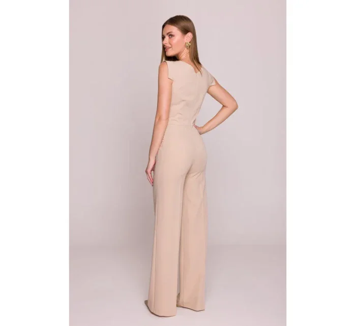 S407 Elegantný overal s asymetrickým výstrihom - béžový