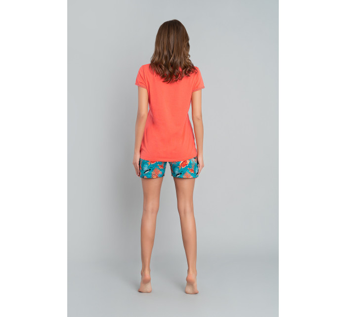 Dámske pyžamo Oceania, krátky rukáv, krátke nohavice - koralová/potlač