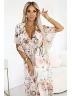 603-2 Vzdušné maxi šaty s obálkovým výstrihom a kvetinovým vzorom - Béžové ruže 603-2 Vzdušné maxi šaty s obálkovým výstrihom a kvetinovým vzorom - Béžové ruže