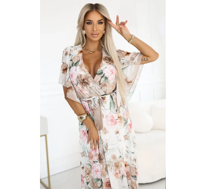 603-2 Vzdušné maxi šaty s obálkovým výstrihom a kvetinovým vzorom - Béžové ruže 603-2 Vzdušné maxi šaty s obálkovým výstrihom a kvetinovým vzorom - Béžové ruže