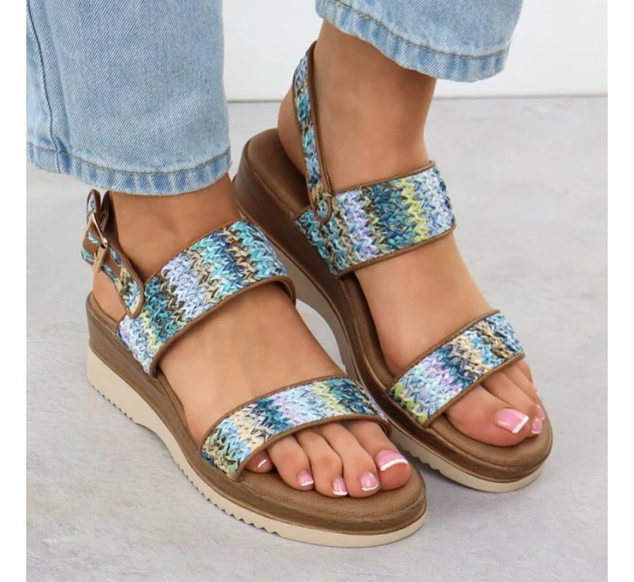 Dámske sandále na podpätku modré pletené Potocki 45302