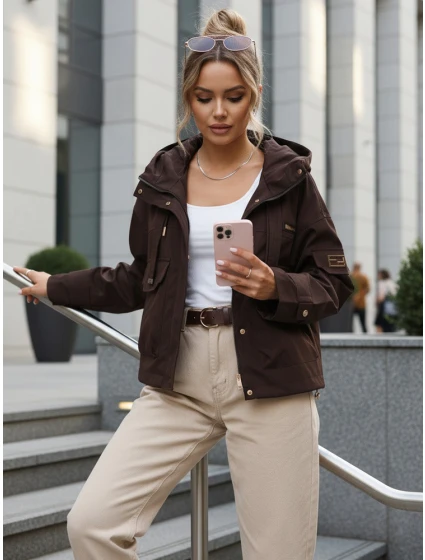 Dámska prechodná bunda s kapucňou a vreckami hnedá FashionStreet TY5637