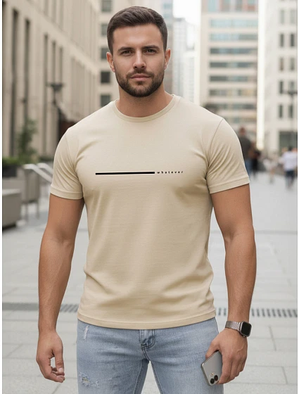 Tshirt męski bawełniany z napisem beżowy model 22305482 - FashionStreet Tshirt męski bawełniany z napisem beżowy model 22305482 - FashionStreet