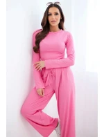 Dámský viskózový komplet s halenkou a širokými kalhotami světle růžový