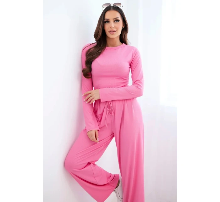 Dámský viskózový komplet s halenkou a širokými kalhotami světle růžový