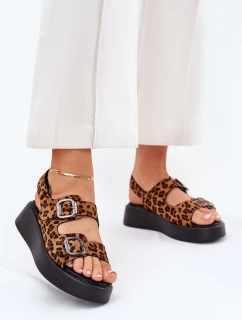 Sandały Damskie Na Platformie I Koturnie Z Klamrami Panterka Brązowe Genorre