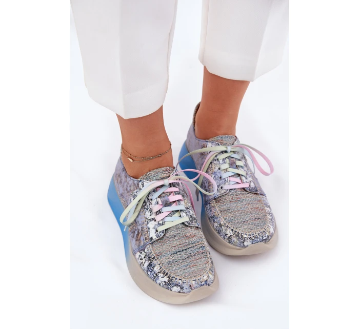 Skórzane Półbuty Sneakersy Damskie Na Platformie Maciejka 06776A-06 Niebieskie