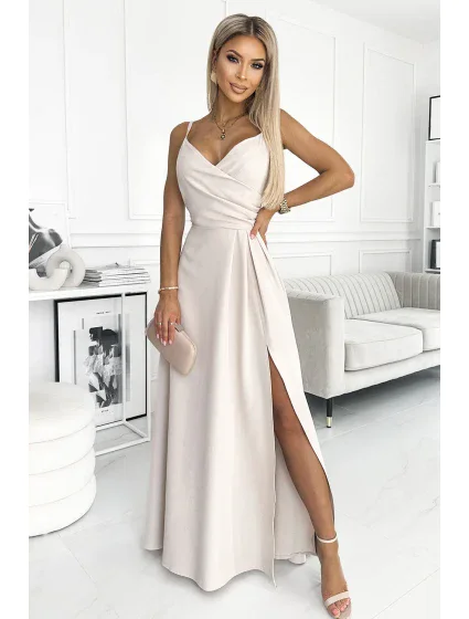 CHIARA Elegantní béžové dámské maxi šaty na ramínkách model 18355315 - numoco