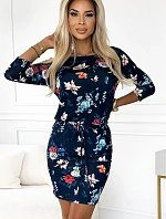 13-160 Športové šaty s kravatou - KVETY na tmavomodrom pozadí