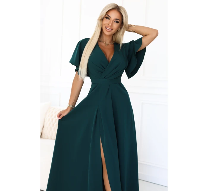 dlouhé šaty s rozparkem na rukávy a výstřihem lahvově zelené model 21291970 - numoco