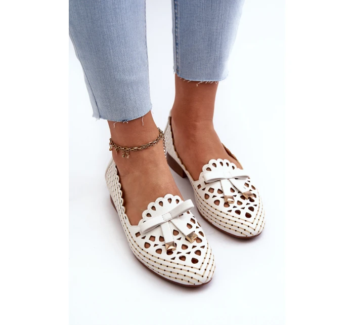 Ażurowe Baleriny Damskie Z Kokardką Białe Nestavia