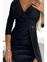 404-6 Dlhé trblietavé šaty s výstrihom a rozparkom na nohách - ČIERNE s trblietkami