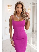 673-3 Midi šaty na tenké ramienka s jemným leskom - fuchsiová