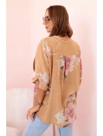 Dámska bavlnená blúzka s kvetinovým vzorom a gombíkmi - ťavia