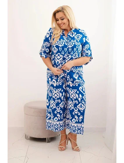 Dámská plus size viskózová souprava s geometrickým potiskem chrpová modrá Dámská plus size viskózová souprava s geometrickým potiskem chrpová modrá