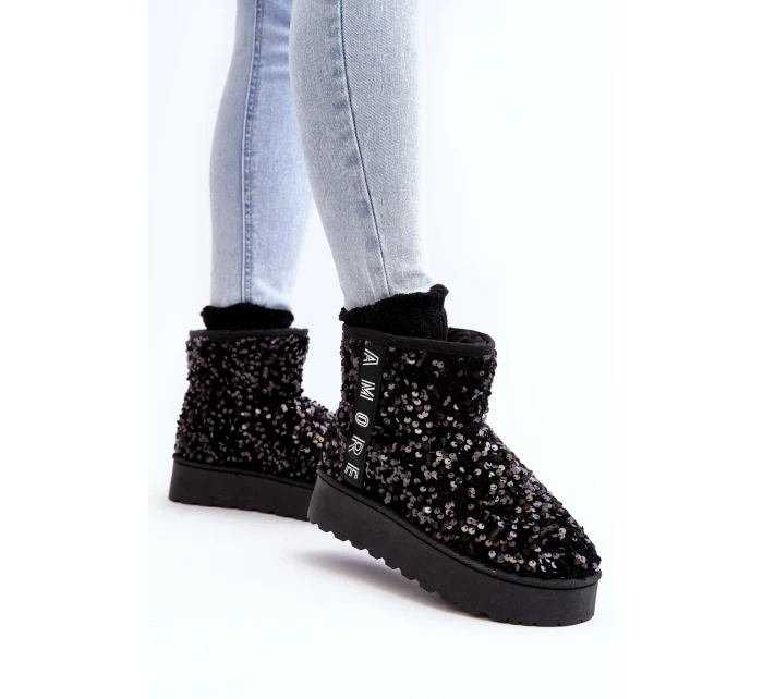 Śniegowce Damskie Na Platformie Zdobione Cekinami Czarne Silmo Śniegowce Damskie Na Platformie Zdobione Cekinami Czarne Silmo