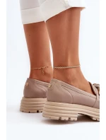 Skórzane Mokasyny Damskie Z Ozdobą Laura Messi 2780 Ciemnobeżowe