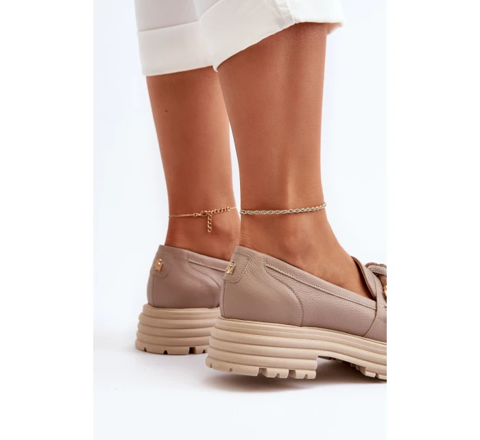 Skórzane Mokasyny Damskie Z Ozdobą Laura Messi 2780 Ciemnobeżowe