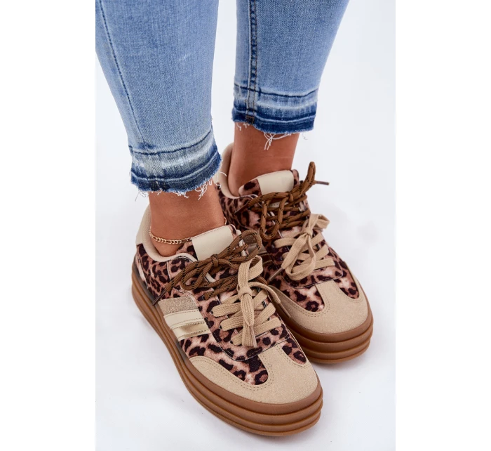 Sneakersy Damskie Na Platformie Z Podwójnym Sznurowaniem Panterka Beżowe Niteria Sneakersy Damskie Na Platformie Z Podwójnym Sznurowaniem Panterka Beżowe Niteria