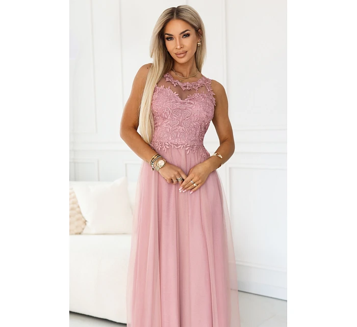 maxi šaty s krajkou a  pudrově růžové model 22122101 - numoco basic