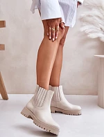 Wsuwane Botki Damskie Na Płaskim Obcasie Skórzane Lewski 3611 Jasnobeżowe