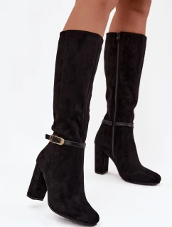 Kozaki Damskie Na Słupku Ze Złotą Klamrą Ocieplane Czarne Seraphine