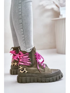 Dámske členkové topánky na platforme s ozdobným čipkovaným leopardím vzorom zelené Edidda