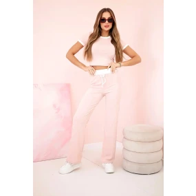 Súprava rebrovaná blúzka + široké nohavice púdrovo ružová
