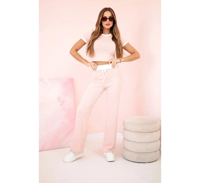 Žebrovaný komplet halenka + kalhoty se širokou nohavicí pudrově růžová