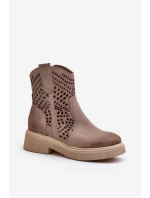 Zazoo 3470 Zamszowe Botki Damskie Na Płaskim Obcasie Ażurowe Cappuccino