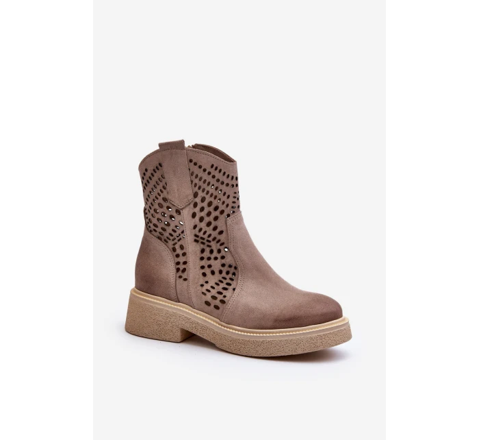 Zazoo 3470 Zamszowe Botki Damskie Na Płaskim Obcasie Ażurowe Cappuccino