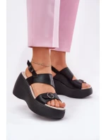 Skórzane Sandały Damskie Na Koturnie I Platformie S.Barski LR51-540 Czarne