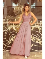 LEA - Dlhé dámske šaty vo farbe taupe bez rukávov, s vyšívaným výstrihom 215-5 LEA - Dlhé dámske šaty vo farbe taupe bez rukávov, s vyšívaným výstrihom 215-5