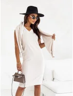 Dámsky pletený set v ecru farbe so šatami bez rukávov (82138) Dámsky pletený set v ecru farbe so šatami bez rukávov (82138)