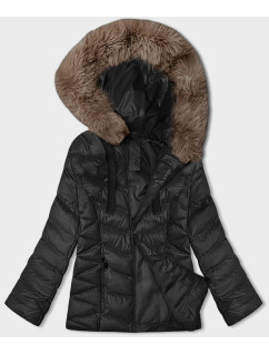 Černo-béžová krátká zimní bunda s kapucí (5M3138-392B)