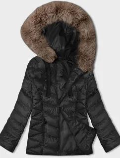 Čierno-béžová krátka zimná bunda s kapucňou (5M3138-392B)