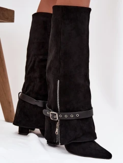 Kozaki Damskie Wsuwane Na Słupku Z Ozdobnym Paskiem Czarne Jolivine